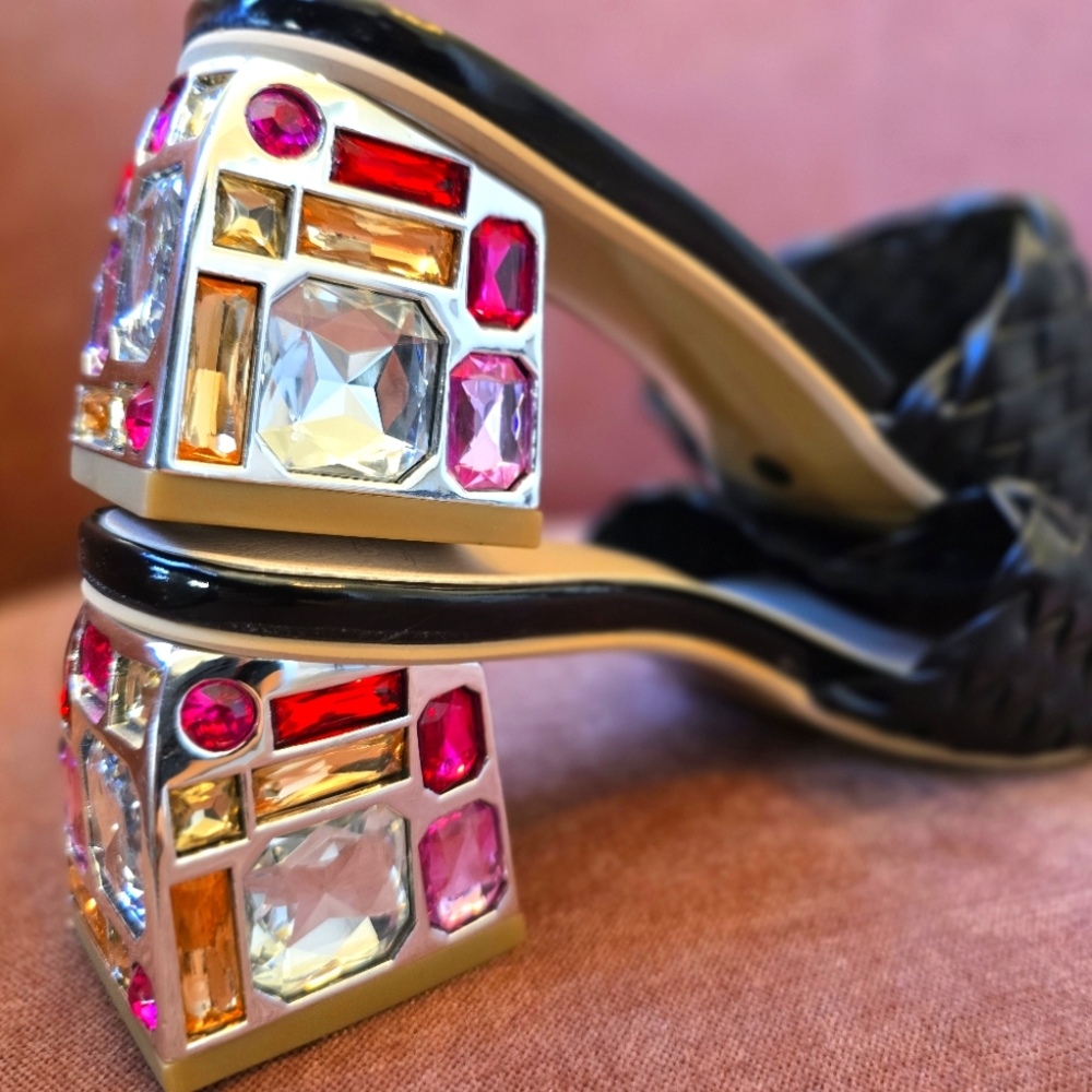 Maximalist Rhinestone Block Heels Black Woven Square Toe 💎🖤